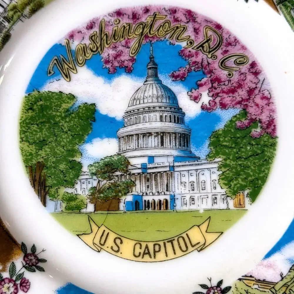 VTG US Capitol Washing DC Collectible Plate White Blue Silver Tone Trim 7.75”